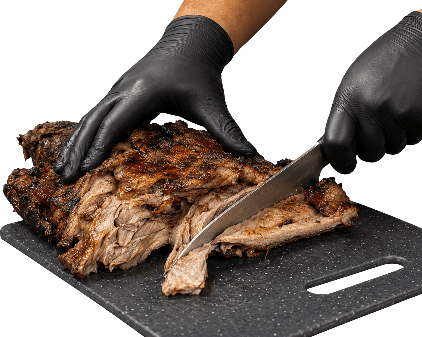 Krew Kambing Golek Melaka Official mencincang kambing golek panas dengan pisau di atas papan pemotong