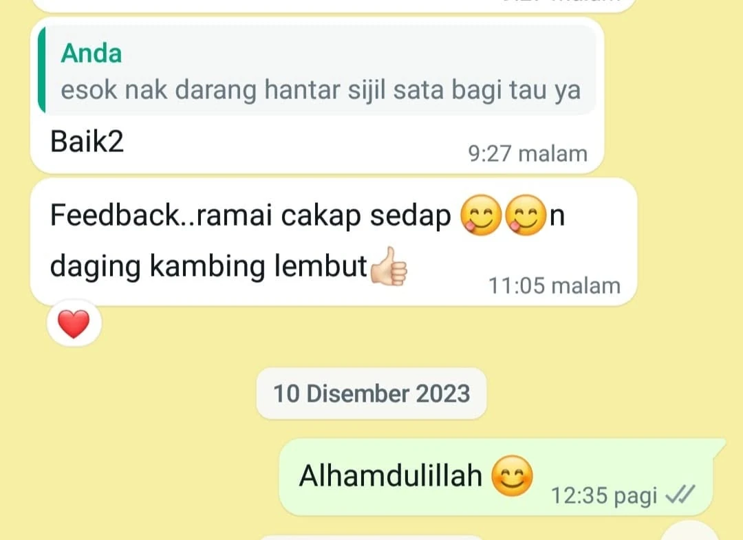 Testimoni WhatsApp daripada pelanggan Kambing Golek Melaka Official