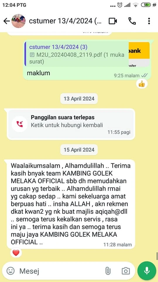 Testimoni WhatsApp daripada pelanggan Kambing Golek Melaka Official