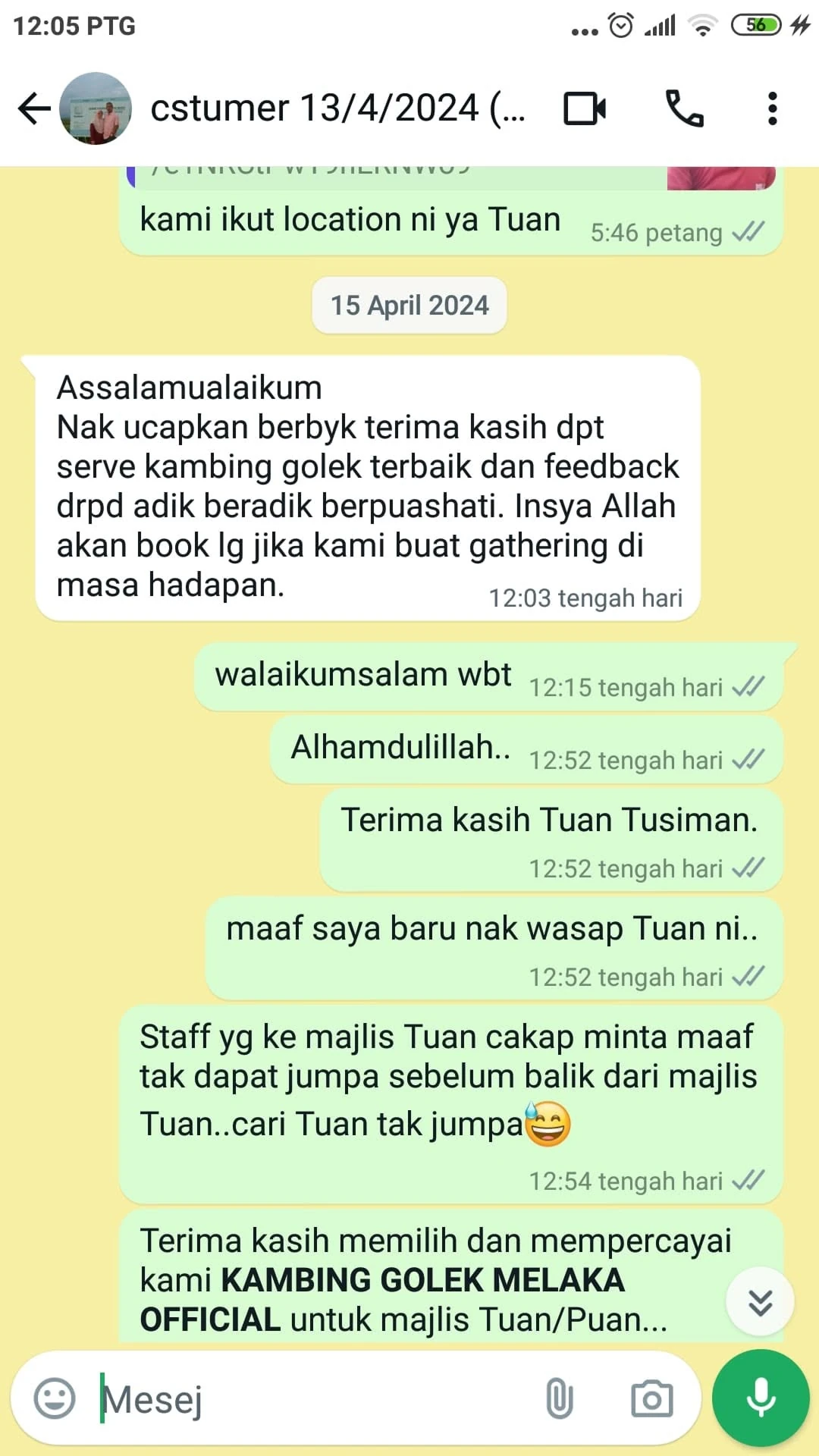 Testimoni WhatsApp daripada pelanggan Kambing Golek Melaka Official