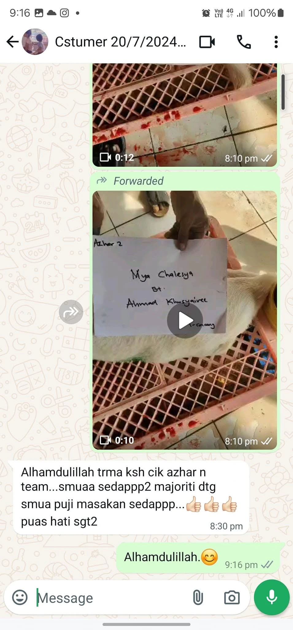 Testimoni WhatsApp daripada pelanggan Kambing Golek Melaka Official