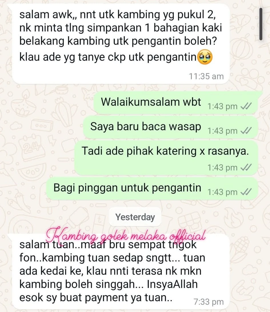 Testimoni WhatsApp daripada pelanggan Kambing Golek Melaka Official