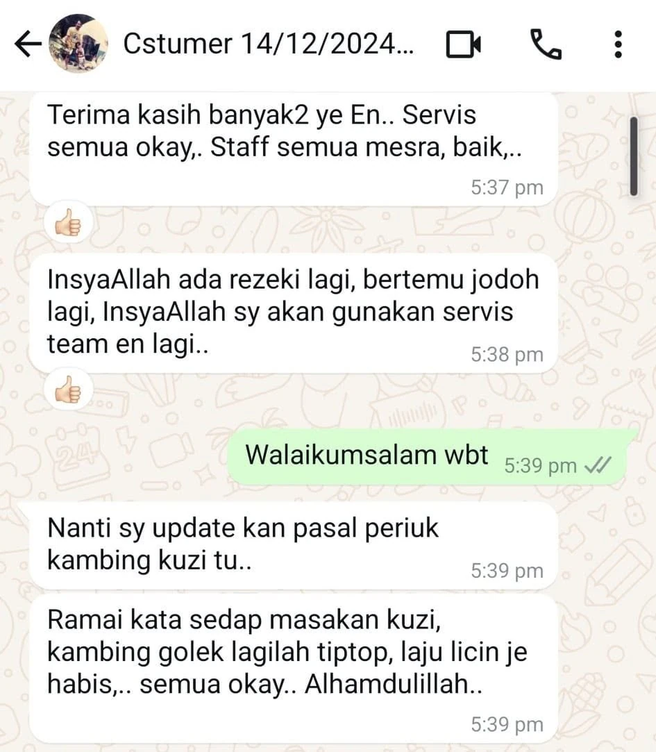 Testimoni WhatsApp daripada pelanggan Kambing Golek Melaka Official