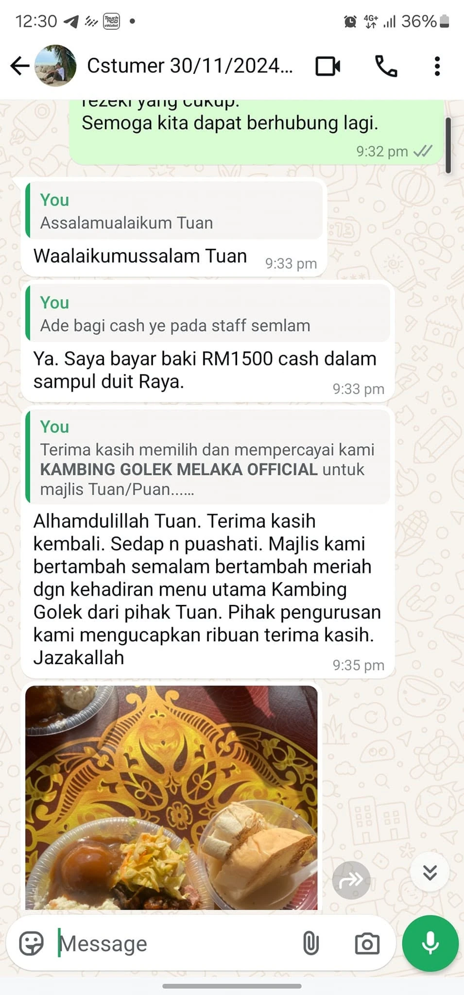 Testimoni WhatsApp daripada pelanggan Kambing Golek Melaka Official