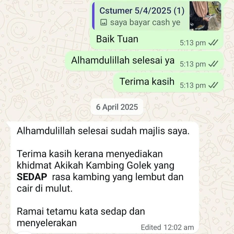 Testimoni WhatsApp daripada pelanggan Kambing Golek Melaka Official
