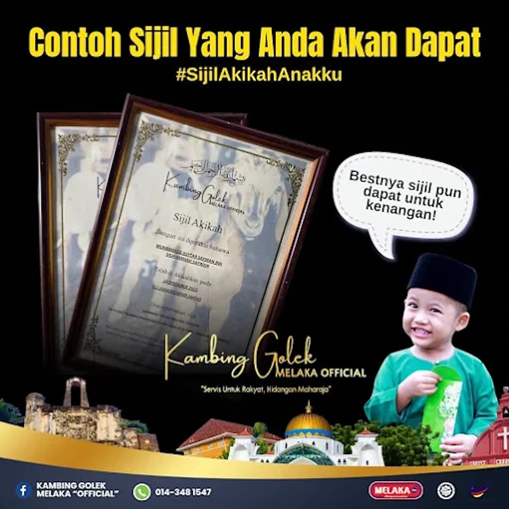 Contoh sijil aqiqah rasmi berbingkai daripada Kambing Golek Melaka Official